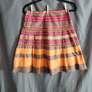 Womens Sz 0 Bohemian Hippie Colorful Pink Orange Zip A-Line Skirt Ribbon Details